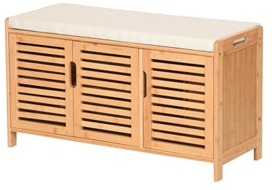 AD.CON Schuhschrank aus Bambus mit Sitzbank Schuhbank mit 3 Fächern Sitzkissen Schuhkommode Aufbewahrungsschrank für Flur Eingangsbereich 50x90x35cm (Beige)