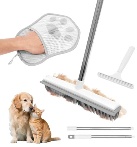3 in 1 Carpet Rake Kit for Pet Hair Removal Tool,Reusable Pets Hair Remover Broom with Long Handle,Dog & Cat Carpet Scraper,Pet Hairs Remover for Rugs, Mats, Couch, Curtains
