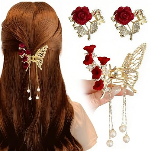 Tarqite 3 Stück Schmetterling Haarklammer Haarspangen Blume, Schmetterling Haarschmuck mit Quaste, Elegant Haarklammer Blumen Metall für Frauen Mädche (Klein + Groß)
