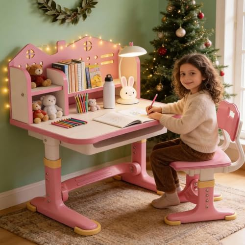 Aislerbee Scrivania Bambini Regolabile in Altezza con Sedia Abbinata, Set Studio per Bambini con Cassetto Integrato, Tavolo Ergonomico per Cameretta, Compiti e Studio Quotidiano