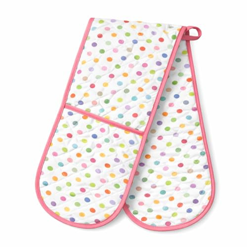 BlissLo Cotton Double Oven Gloves Heat Resistant, Machine Washable Polka Dotted Gloves Hands Protects, Attached Oven Mitts Durable, Heat Proof kitchen Pot Holders with hanging Loop - White and Pink