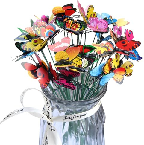 AEKZOX 50 pièces Papillons à double aile pour décoration jardin, patio, fêtes, plantes, cour extérieure, deco jardin, wasserdichte 3D 4cm PVC Schmetterling Spfähle