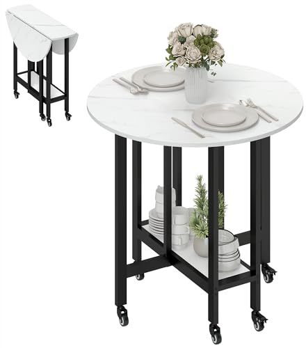HOMCOM Folding Dining Table, 28.5-80cm Rolling Drop Leaf Table with Open Shelf for Dining Room, Living Room, Small Spaces, White Marble