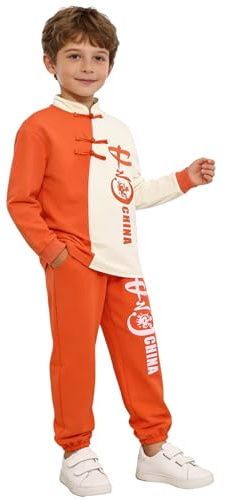 Yruioon Boys Kids Kung Fu Outfit Chinese Traditional Sets Long Sleeve Tops And Pants Clothes Set Tang Suit Orange 6-7 Years