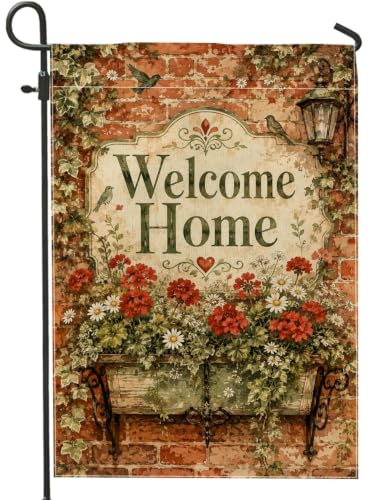 Drapeau de jardin géranium, vintage rustique chrysanthème lierre maison en toile de jute rouge double face drapeaux décoratifs pour extérieur, terrasse, pelouse, porche, entrée, camping 30,5 x 45,7 cm