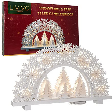 LIVIVO Natural Wooden Christmas Candle Bridge Festive Scene Decoration Battery Operated Warm White LED Xmas Candle Lights - Brings a Touch Warmth to Any Home This Christmas (Snowflake 11 LED)
