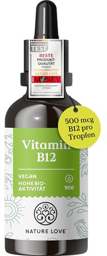 NATURE LOVE® Vitamin B12 Tropfen Vegan (900 Tropfen, 50ml flüssig). B12 duo-aktiv: Methyl- & Adenosylcobalamin. Hoch bioverfügbar, laborgeprüft, ohne Zusätze, in Deutschland produziert