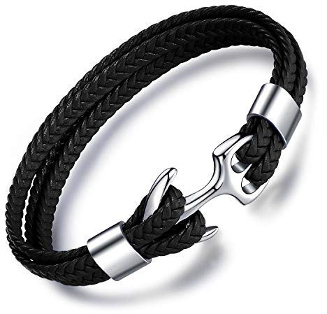 Unendlich U vävt läderarmband, flera lager med retro ankare rostfritt stål, herrarmband, jul födelsedagspresent, En storlek, Läder