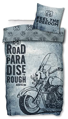 ROUTE 66 Bettwäsche Road Blau 135 cm x 200 cm + 80 cm x 80 cm 100% Baumwolle in Renforcé-Linon-Qualität Roadtrip Amerika USA Freedom Biker Vintage Highway Street Motorrad Reißverschluss Motiv 003