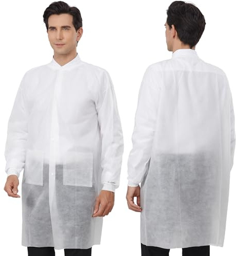 Greenour Disposable Lab Coats for Adults with Pockets White Lab Jackets with Knitted Cuffs and Collar Pack of 10 (Large)