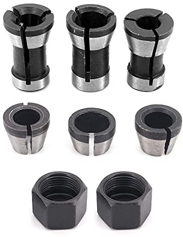 Oberfräsen-Spannzangenfutter, 6 Stück, Stahl-Fräs-Spannzange, hohe Präzision, Fräser-Bit, Spannadapter für Holzbearbeitung, Gravur, Trimmmaschine, Werkzeug – 6 mm, 6,35 mm, 8 mm + 2 Muttern