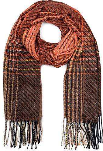 styleBREAKER Bufanda de punto fino para señoras con patrón de rayas coloridas en zig-zag y flecos, cálida estola de invierno multicolor 01017149, color:Naranja-marrón