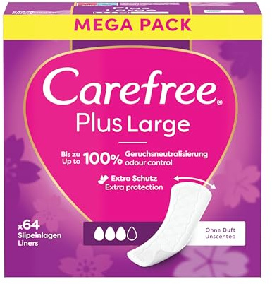 Carefree Carefree Plus Large Panty Liners with Ultimate Improved Core, Light Perfume, Absorption Rate Three, Size L, Extra Wide, Pack of 64