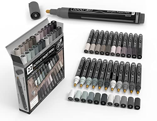TOOLI-ART Lot de 22 marqueurs de peinture acrylique Pro Color Series stylos de peinture gris 3 mm pointe moyenne pour peinture rupestre, verre, bois, métal, verre, toile. Non toxique, séchage rapide