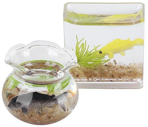 Agatige 2 Stück Puppenhaus-Aquarium, Maßstab 1:12, Simulation Miniatur-Goldfisch, Fischschale, Puppenhaus-Zubehör für Gartenszenen-Dekoration (rund und quadratisch)