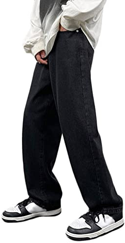 ORANDESIGNE Men Hip Hop Jeans Baggy Straight Leg Gewaschen Jeanshose Casual Denim Hosen Vintage Einfarbig Tarnung Jeans Teenager Jungen Skateboard Hose Streetwear B Schwarz M