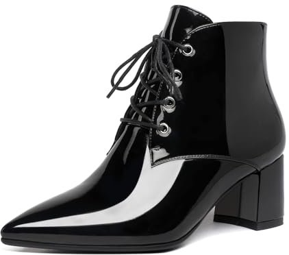 Eldof Women's Low Block Heel Ankle Boots Pointed Toe Chunky Heeled Lace Up Party Dress Fashion Short Booties Patent Black US7.5