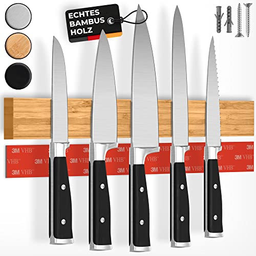 Cuchillo de barra magnética con imán extra fuerte - Comparación ganador 2022 - Fácil montaje con cinta adhesiva 3M, barra magnética autoadhesiva de bambú - 40cm