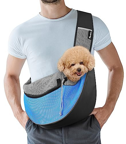 Pawaboo Bolso Bandolera para Perros, Bolsa Portátil para Mascotas con Correa Ajustable y Bolsillos, Bolsa de Mensajero Transpirable Cómoda con para Cachorros Gatitos para Viajar, M, Azul Claro