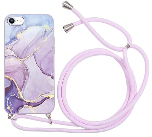 ZhuoFan Handykette für iPhone 8/7/iPhone SE 2022/2020 Hülle mit Band, Aesthetic Marmor Muster Verstellbarer Halskette Handyhülle mit kordel zum umhängen, Violett Silikon Stoßfest Schutzhülle mit Kette
