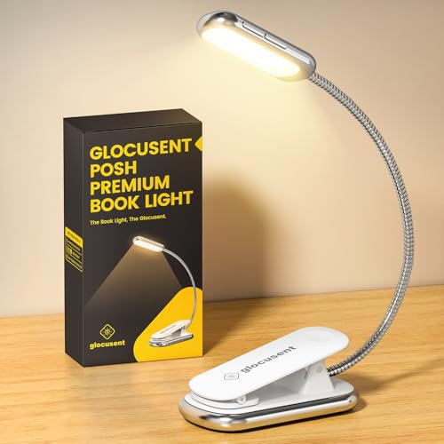 Glocusent Posh Premium Leselampe Buch Klemme mit Timer, 16 LED Wiederaufladbar Buchlampe, Laufzeit 160 Stunden, 1800K augenschonend Leselicht, 3 Farben & 5 Helligkeitsstufen, perfekt für Leser