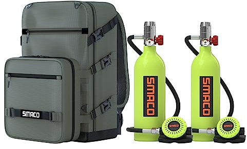 SMACO Mini Bouteille de Plongée 1L pour Plongée en Tandem Support 15-20 Mins Temps de Plongée Réservoir de Plongée Kit Bouteille de Plongée sous-Marine pour Plongée en Eau Peu Profonde, Paquet A-Vert