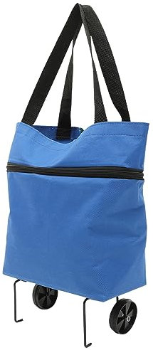 Hohopeti Foldable Trolley Bag Adjustable Shoulder Strap Large Capacity Reusable Grocery Tote Bag Wheels Blue for Travel and Outdoor Shopping