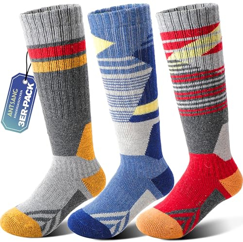 ANTSANG 3 Paires Chaussettes Ski Laine Mérinos Enfants Garçons Filles Chaudes Hiver Épaisses Rembourrées pour Snowboard Ski(Rouge/Bleu/Gris,29-34)