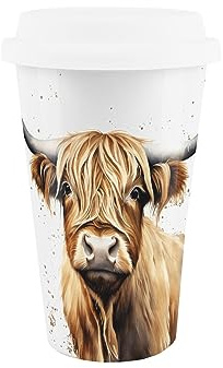 Reusable Highland Cow Ceramic Travel Mug - Farm Animal Gift - Silicone Lid Double-Walled Insulated Hot/Cold Drinks Tea Coffee Gift Mug