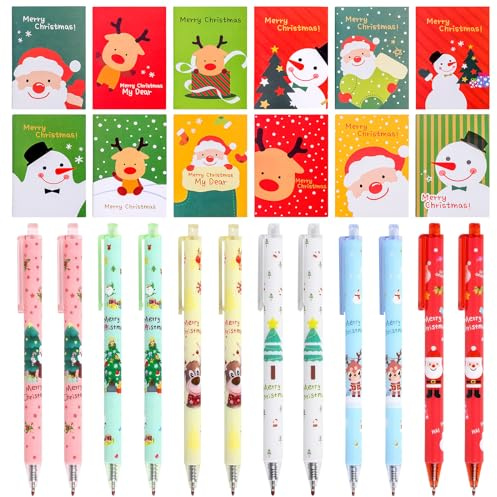 Gadget natalizi per bambini, 24 pezzi Mini Natalizio Quaderno, penne natalizie, cancelleria natale, Mini Natalizio Quaderno con Motivi di Babbo Natale e Pupazzo di Neve Regali Natale Bambini
