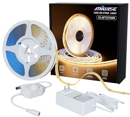 MIWISE COB LED Strip Light 32.8ft/10m,CRI 90+ Warm White 2700K High Lumen Dimmable Super Bright Flexible DC24V LED Tape Light with Controller/Dimmer,for Cabinet Home Office DIY Lighting Projects