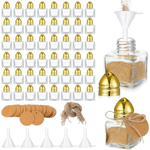 Uiifan Lot de 50 mini salières et poivrières de 14,2 g avec dessus doré en verre transparent avec 5 entonnoirs en plastique, 50 étiquettes, 50 cordes pour fête de mariage, cuisine (forme carrée)