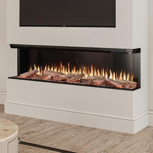 Horizon Series 1524 Plus - 60 Premium Media Wall Electric Fire - Adaptive Trim System -3 Sided Panoramic Glass & Deep Fuel Bed - Hand Crafted Real Wood Log Set - Over 100 Light & Multi Flame Effects
