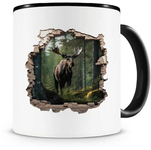 Samunshi® Tasse Wandriss mit Elch 3D Effekt Teetasse Kaffeepott als Motiv Geschenk für Kaffeetasse Lustige Tassen zum Geburtstag schwarz Keramik 300ml