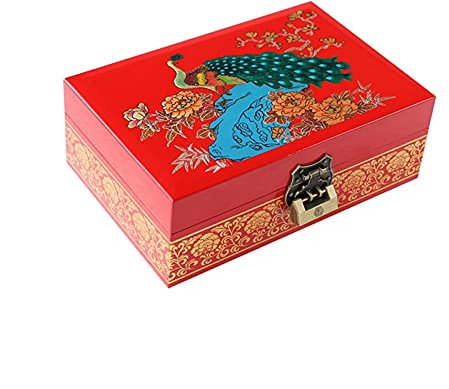 Holzschmuck-Aufbewahrungsbox mit Schloss und Schlüssel, handbemalte Gravur, Organizer-Etui für Frauen und Mädchen, für Ohrringe, Armbänder, Ringe, Uhren (Farbe: D) (B)