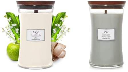 Yankee Candle WoodWick Scented Candle, Linen Large Hourglass with Crackling Wick, Up to 130 Hours Burn Time, Lavender and Cedar