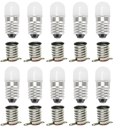 MeetUs 10 Juegos AC/DC E10 12V Bombillas LED Blanco Cálido Bombillas 0.5W 60LM Bombillas Con Base de Tornillo + 10 Pcs E10 Base (Blanco Cálido (3000K), 12V)