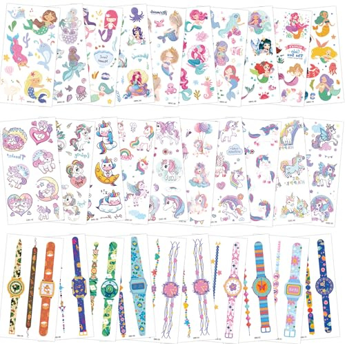 Seletiyan Einhorn Tattoos Mädchen,Temporäre Tattoos Kinder 30 Blätter, Meerjungfrau Sticker,Kindertattoos Hautfreundlich Einhorn Mitgebsel Kindergeburtstag