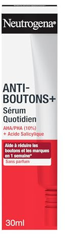 Neutrogena – Sérum Quotidien Anti-Boutons + AHA-PHA (10%) + Acide Salicylique (30 mL) – Soin visage anti-boutons non comédogène et non gras – Sérum visage pour peaux à tendance acnéique