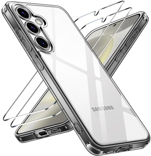 ivoler Nie Vergilbung Klar Hülle für Samsung Galaxy S24 5G, 1 Handyhülle mit 2 Stück Panzer Schutz Glas, [Militärischer Schutz] Stoßfest Transparent Schutzhülle Dünn Durchsichtige Case (Grau)