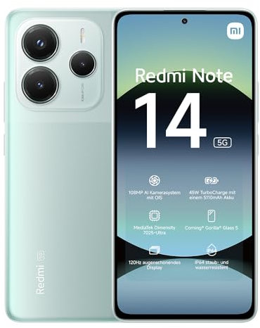 Smartphone Xiaomi Redmi Note 14 5G, 8+256GB, Sistema fotografico AI da 108MP, batteria da 5110mAh, display con tecnologia Eye-Care da 120Hz, funzionalità AI (caricabatterie non incluso), Verde