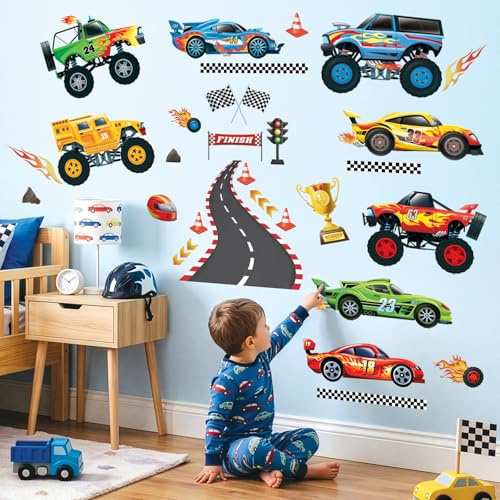 DECOWALL DS9-8083 Wandtattoos Rennautos Transporte Aufkleber Jungenzimmer Fahrzeuge Kinderzimmer Schlafzimmer Spielzimmer bunt Spielzeug Straße Abziehen und ankleben abnehmbar Heimdekoration