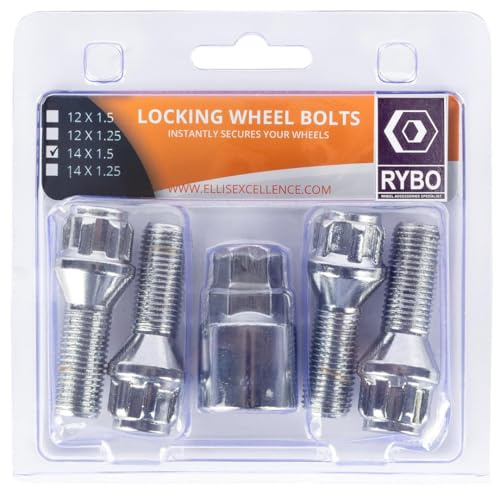 RYBO Set of 4 M14 x 1.25 Tapered Alloy Wheel Locking Bolts (Chrome, 30mm Thread Length)