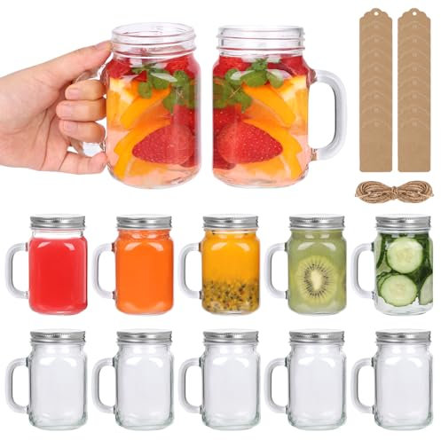 Jaisie.W 8oz Mason Jars with Lids and Handle 12Pack- Small Mason Jar Mugs for Crafts, Cocktails, Party Favors & Drinks, Twine & Tags Included (250ml, Set of 12)