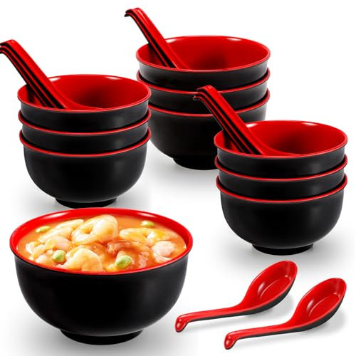 CACASO 10 Set Miso Soup Bowl with Spoon,16 Oz Melamine Cereal Rice Bowl,Unbreakable Noodle Soup Bowls,Cereal Bowls Japanese Bowls for Ramen,Udon Noodle and Soup