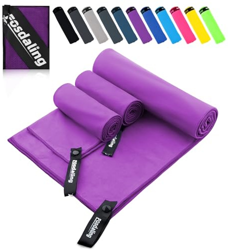 Fosdaling Mikrofiberhandduk set om 3 – stor 200 × 100 cm & 2 liten 80 × 40 cm, snabbtorkande mikrofibersporthandduk, för resehandduk, badhandduk, fitness & sporthanddukar och strandhandduk (lila)