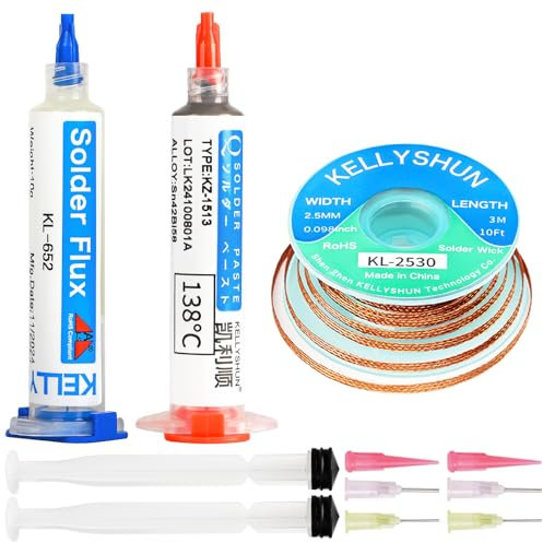 KELLYSHUN Flussmittel Löten,Lötpaste und Entlötlitze,No-Clean Kolophonium Lötflussmittel (1 Stück),Sn42%/Bi58% Lötpaste (1 Stück), 2.5MM/3M Entlötlitze (1 Stück),Für BAG,SMT,IC,PCB,Elektronik Löten