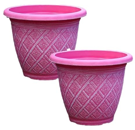 Fyne-Finds Set of 2 Round 33cm 13inch Garden Plant Pot Woven Flower Outdoor Decor Planter Frost Proof, Weatherproof, Drainage Hole (Raspberry Pink)