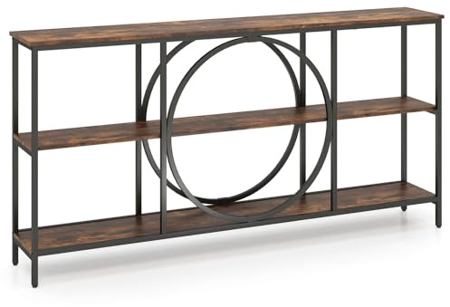 LIFEZEAL Consolle Ingresso, Lungo, 180x30x90cm, Tavolo Consolle a 3 Ripiani, con Anello Decorativo, Stile Industriale, Moderno, Console Entrata, Corridoio, in Legno, Metallo, Max 190 kg, Marrone