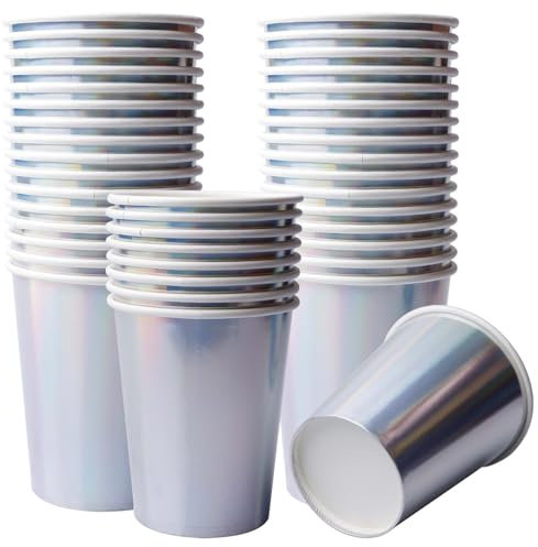 GBKDQQ 60 Stück Schillernde Bunte Pappbecher 250ml/9oz, Einweg Papierbecher, Partybecher für Heißen und Kalten, Holografische Silber Regenbogen Becher für Getränken, Hochzeit, Partybedarf